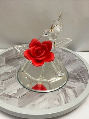 Glass Baron Hummingbird Red Rose Figurine Hand Crafted USA 1998 Crystal Art